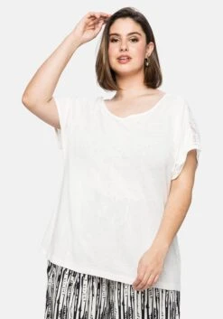 Sheego Shirt Im Leinenmix, Mit Ajourmuster-Passe Hinten