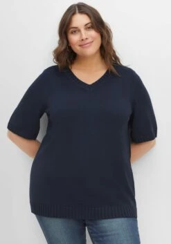 Sheego Kurzarmpullover Mit V-Ausschnitt, Aus Baumwolle