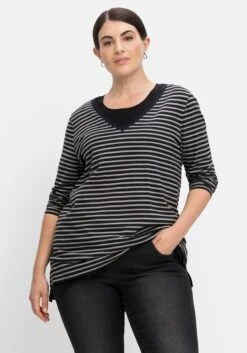 Sheego Langarmshirt Mit Streifen Und Unifarbenem Top