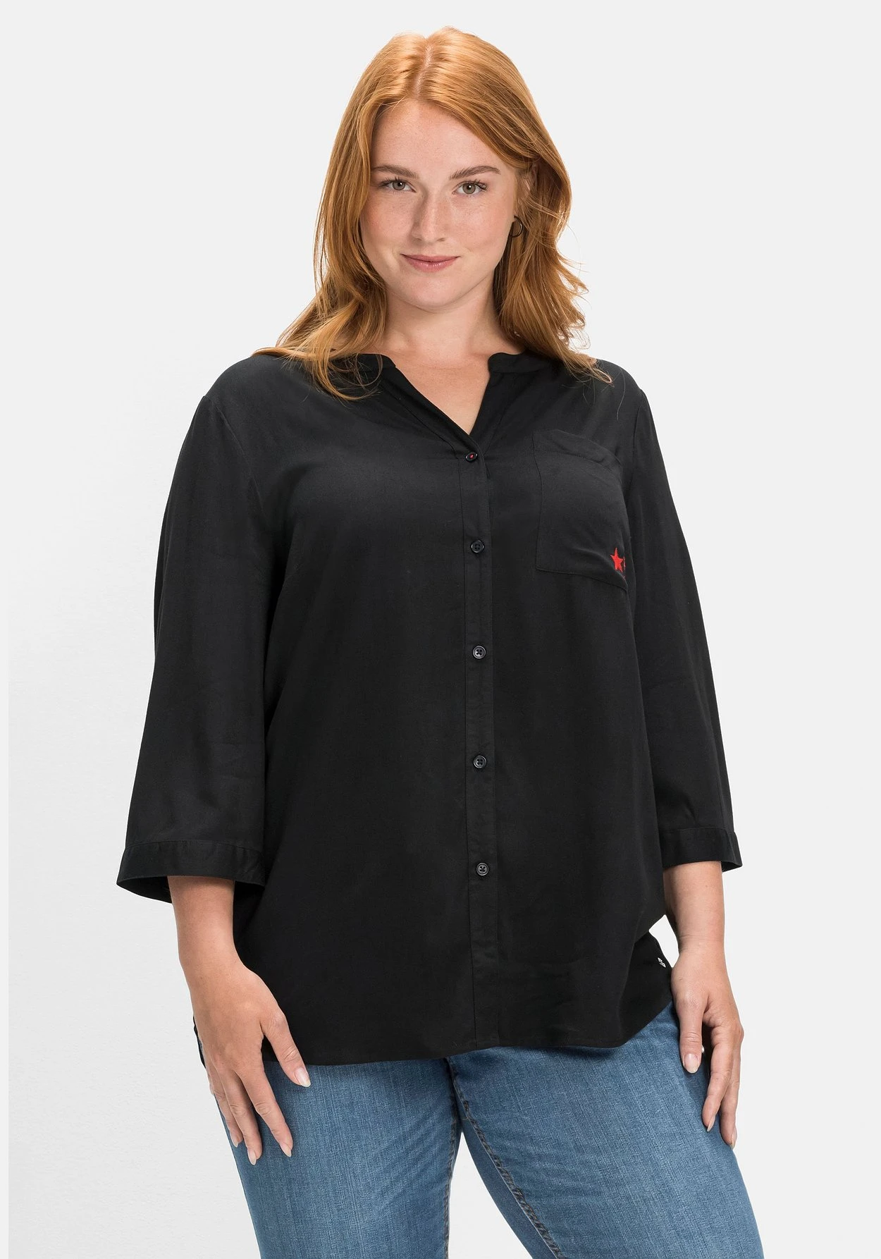 Sheego 3/4-Arm-Bluse Mit V-Ausschnitt, Aus Viskose-Twill 1 Sheego 3/4-Arm-Bluse Mit V-Ausschnitt, Aus Viskose-Twill