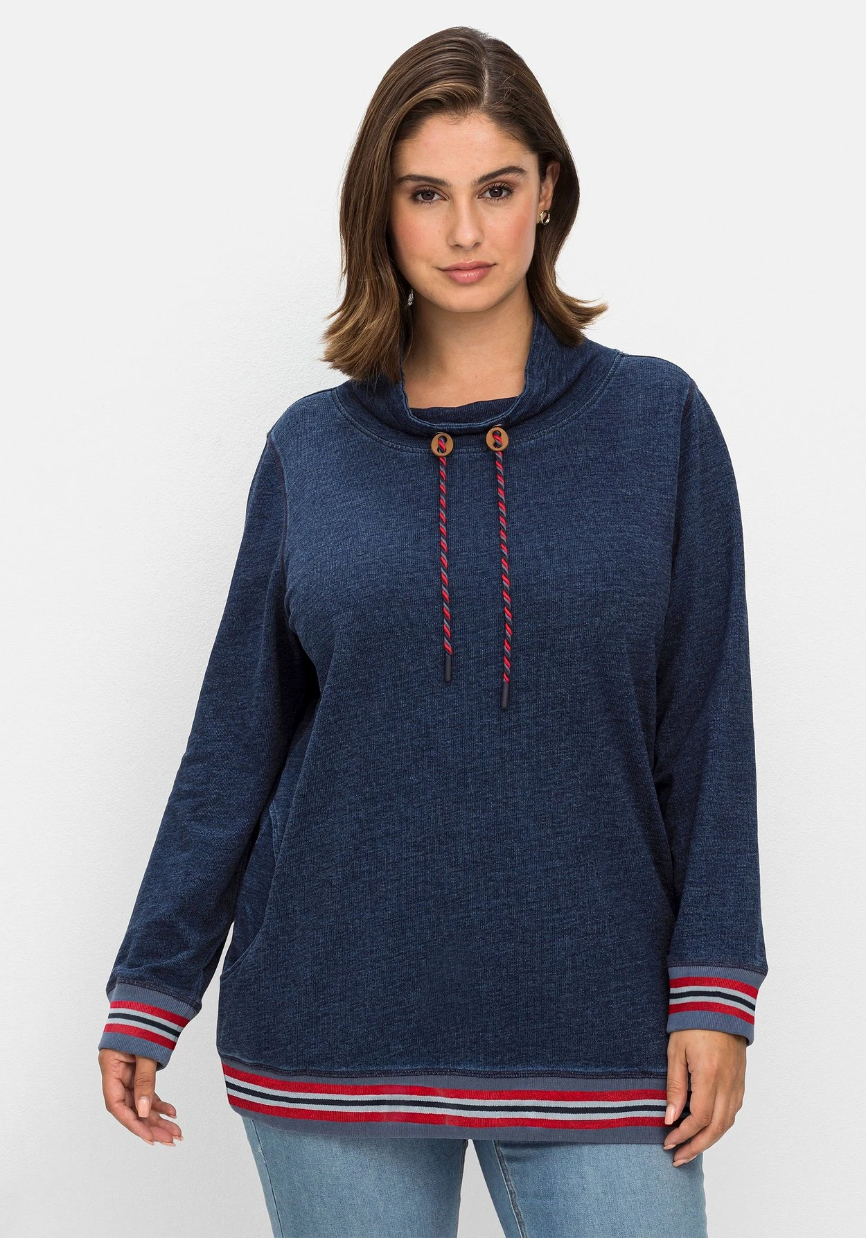 Sheego Sweatshirt In Denim-Optik, Mit Streifenbündchen 1 Sheego Sweatshirt In Denim-Optik, Mit Streifenbündchen