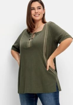 Sheego Shirt Mit Spitzenbesatz, Im Leinen-Mix