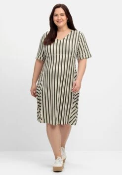 Sheego Jerseykleid Im Streifen-Design, Mit V-Ausschnitt