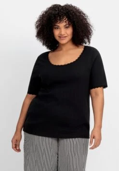 Sheego Rippshirt Im Ajourmuster, Mit Spitzendetails